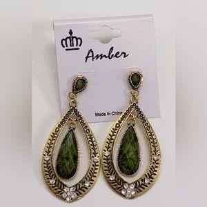 Green and Gold Teardrop Earrings Fashion Jewelry